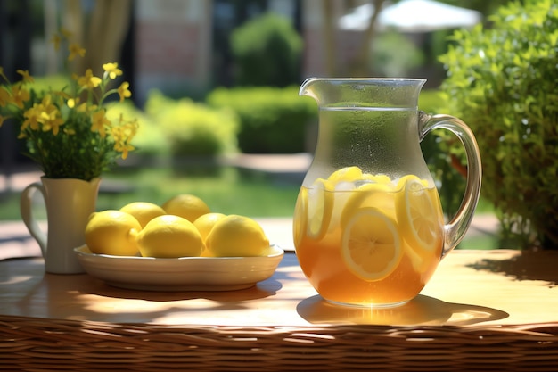 Une carafe de thé glacé au citron sur un fond d'écran de table de jardin