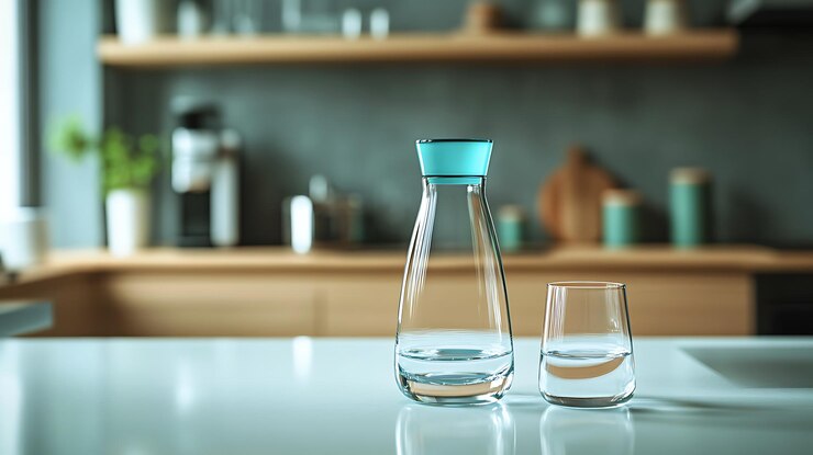 Photo carafe en verre et verre sur le comptoir de la cuisine