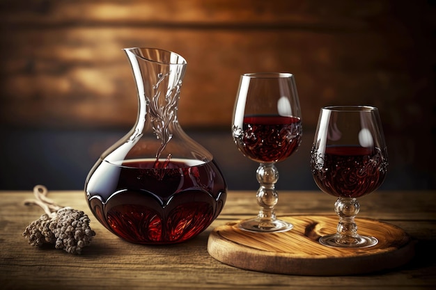 Carafe à vin avec boisson bourguignonne dans des verres sur table en bois