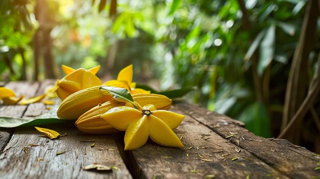 Des caramboles délicieuses sur fond de bois.