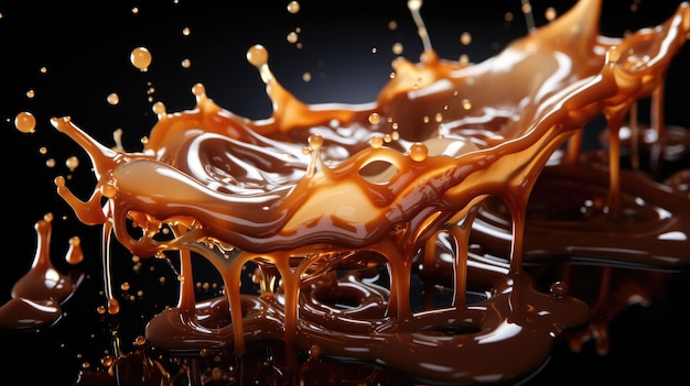 Caramel au chocolat coulant avec des éclaboussures tout en versant du chocolat avec des éclaboussures dégoulinantes