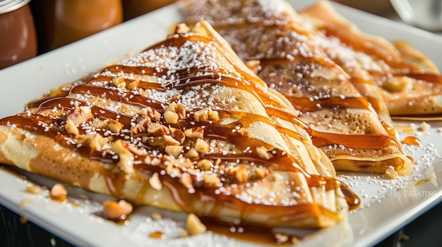 Le caramel salé et les noix ornent de près les délicieuses crêpes