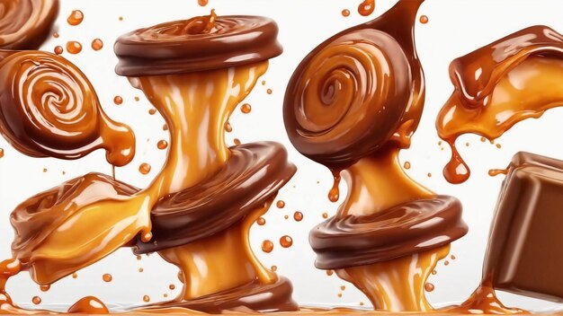 Photo caramel sucré fondu, sauce caramel liquide éclaboussée avec des bonbons au caramel