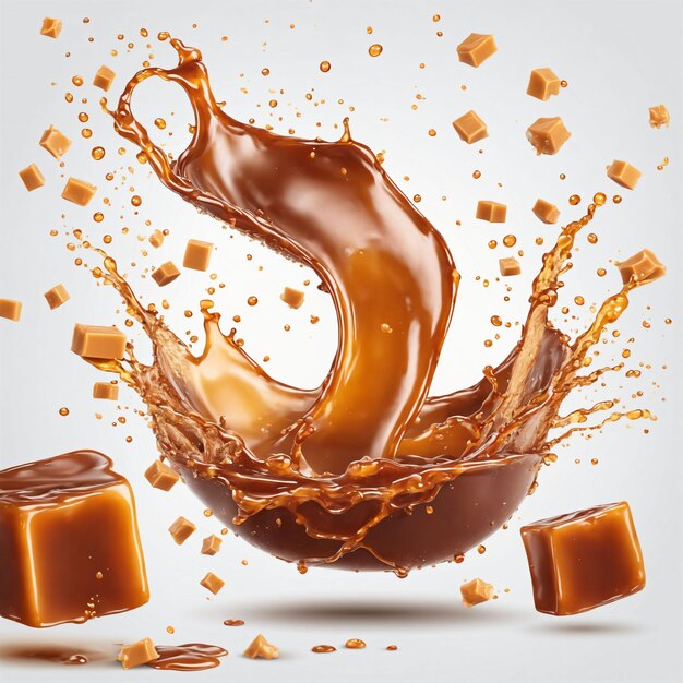 Photo caramel sucré fondu, sauce caramel liquide éclaboussée avec des bonbons au caramel