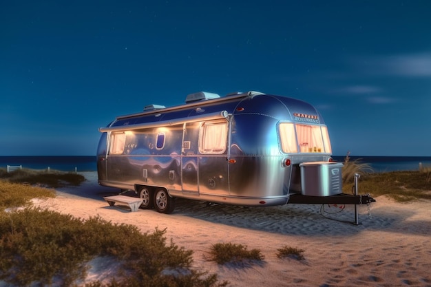 Caravane Arafed garée sur la plage la nuit avec une vue sur l'océan