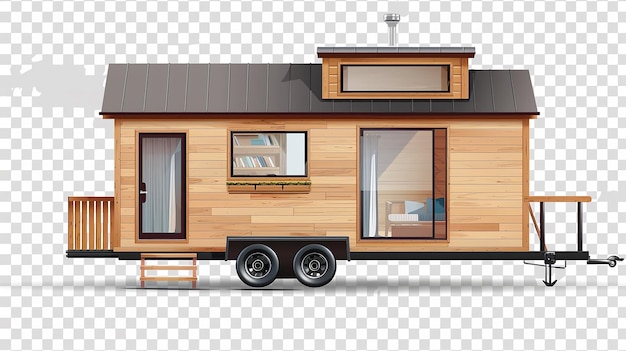 une caravane en bois avec une maison à l'avant et la porte ouverte