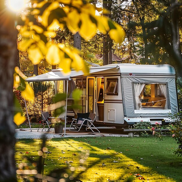 Photo une caravane avec un camping-car à l'avant et le soleil brillant à travers les arbres