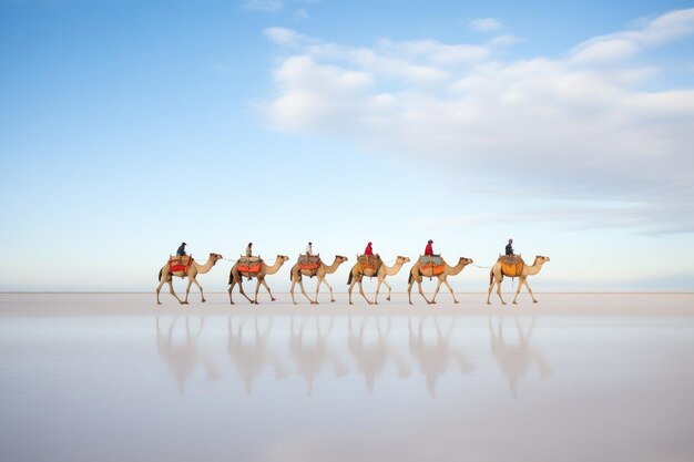 Photo une caravane de chameaux créant une ligne à l'horizon.
