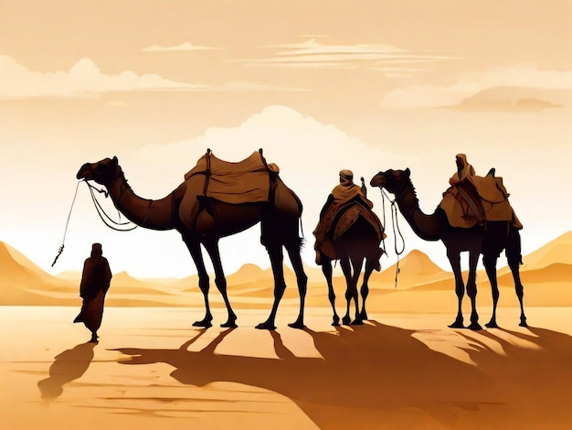 Caravane de chameaux dans le désert du Sahara au Maroc au coucher du soleil