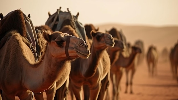 Caravane de chameaux en gros plan dans le désert du Sahara AI générative