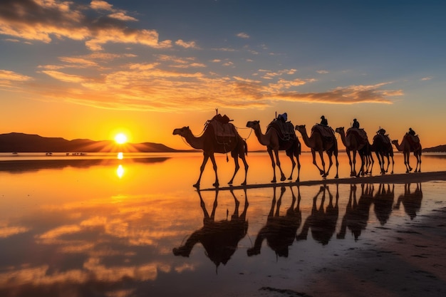 Caravane de chameaux sur le lac salé au lever du soleil Generative AI
