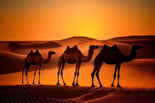 Une caravane de chameaux marche au coucher du soleil à travers les dunes de sable du désert du Sahara