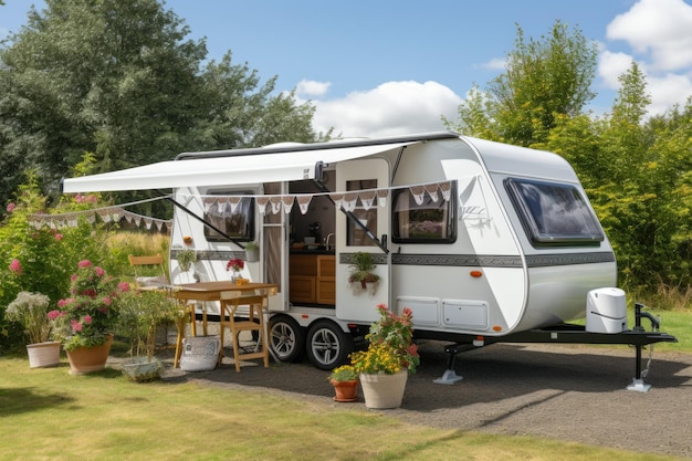 Une caravane est garée dans l'image numérique de l'herbe