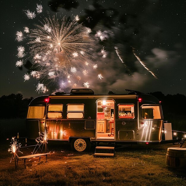 Photo une caravane avec des feux d'artifice dans le ciel et un panneau disant feux dartifice