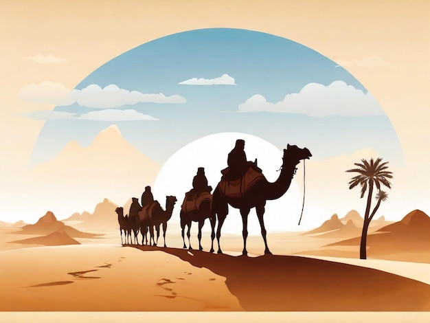 Caravane sur le fond du désert peuple arabe et chameaux silhouettes dans le sable caravane avec chameau camelcade silhouette voyage dans le désert de sable illustration