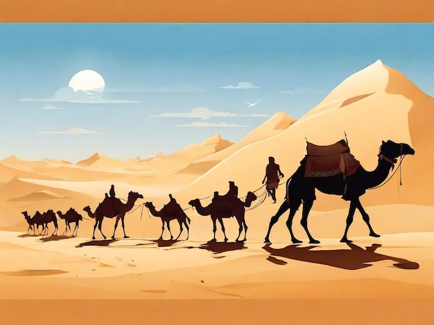 Caravane sur le fond du désert peuple arabe et chameaux silhouettes dans le sable caravane avec chameau camelcade silhouette voyage dans le désert de sable illustration