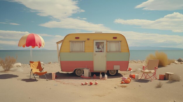 Photo une caravane sur la plage avec des chaises et un parapluie