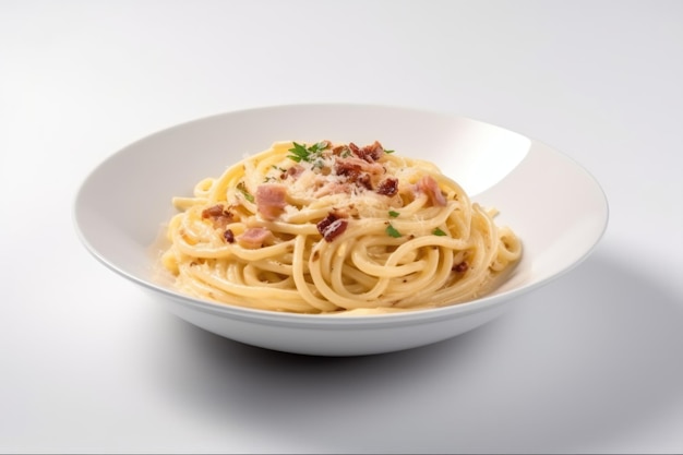 Carbonara dans une plaque isolée sur un fond blanc