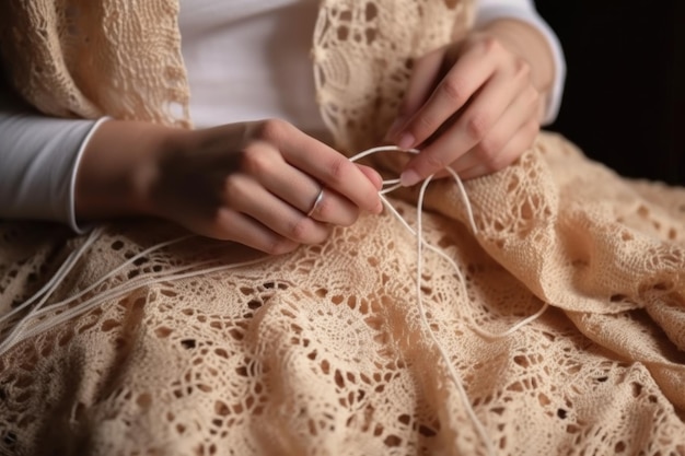 Cardigan en crochet et mains de femme en studio pour un passe-temps de mode ou un artisanat créé avec une IA générative