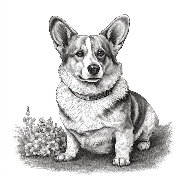 Cardigan welsh corgi style gravure gros plan portrait dessin noir et blanc chien mignon