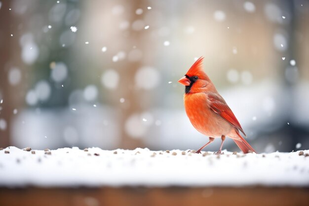 Cardinal lumineux sur un fond de chute de neige à faible mise au point