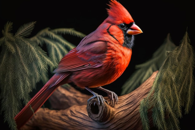 Un cardinal rouge est assis sur une branche à fond noir.