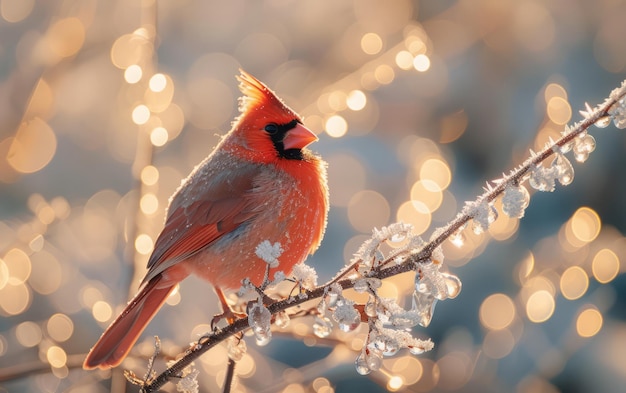 Photo un cardinal vif s'installe sur une branche couverte de cristaux de glace.