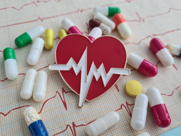 Cardiogramme avec pilules cardiaques rouges et cardiogramme Traitement des maladies cardiovasculaires