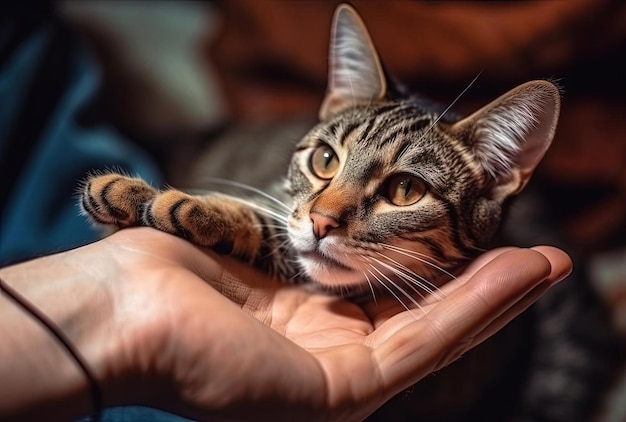 Caresser le chat tigré à la main