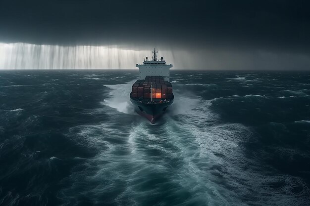 Un cargo dans une violente tempête lutte contre les éléments