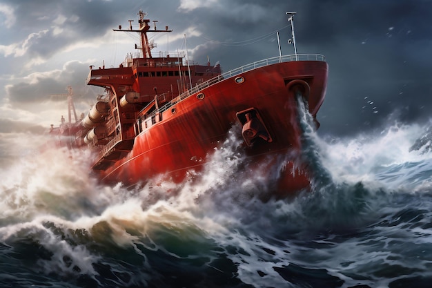 Un cargo ou un navire de pêche est pris dans une violente tempête Navire en mer sur de grosses vagues La menace de naufrage Élément dans l'océan Le travail acharné d'un marin