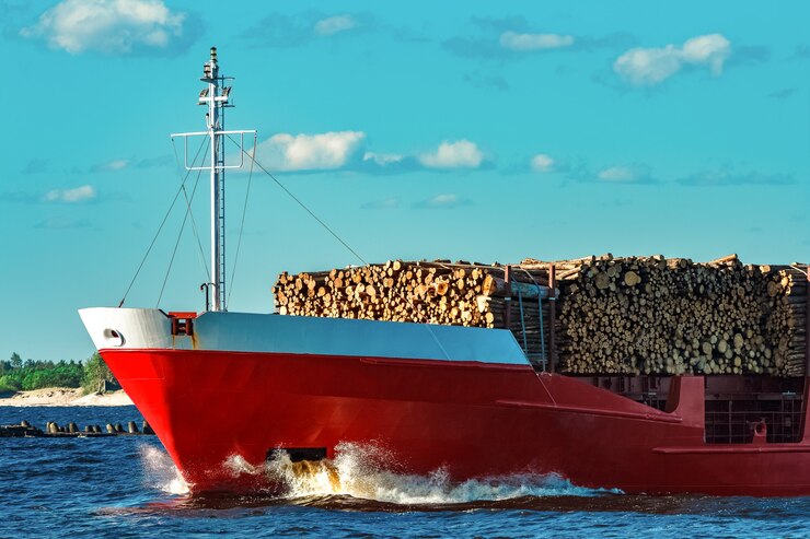 Photo cargo rouge entièrement chargé de bois se déplaçant par temps clair