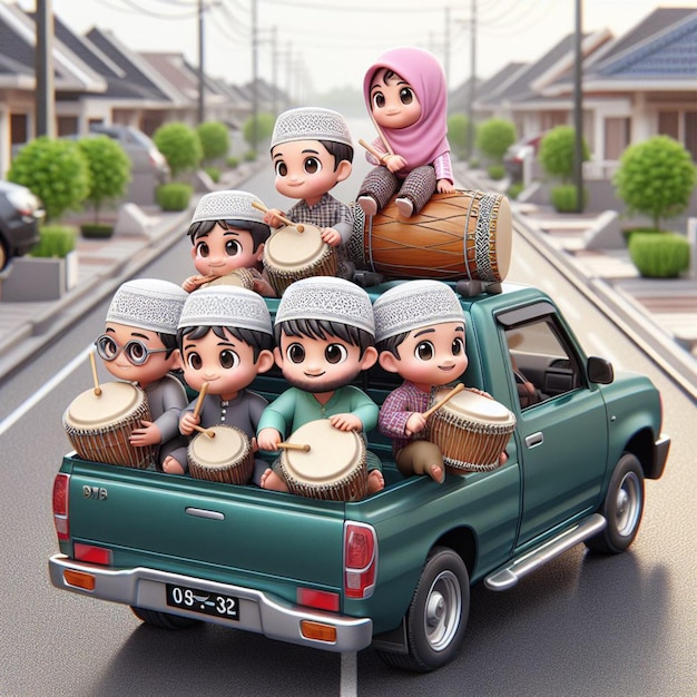 Caricature 3D de chibi d'enfants à cheval dans une camionnette se déplaçant le long du quartier résidentiel