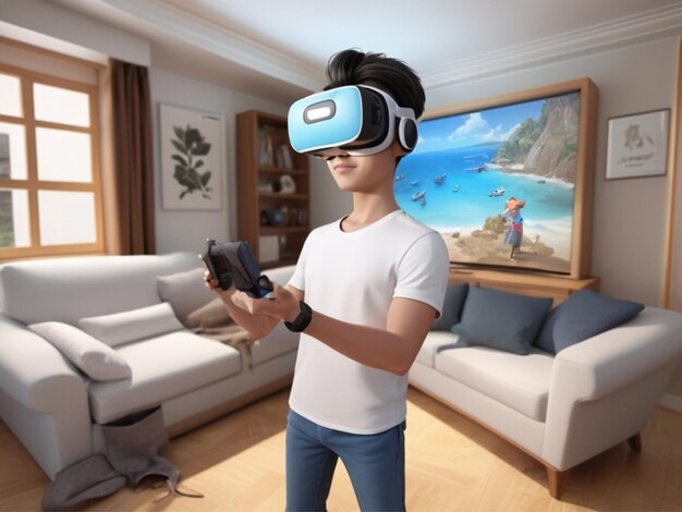 Photo caricature 3d d'un homme portant une chemise portant une réalité virtuelle