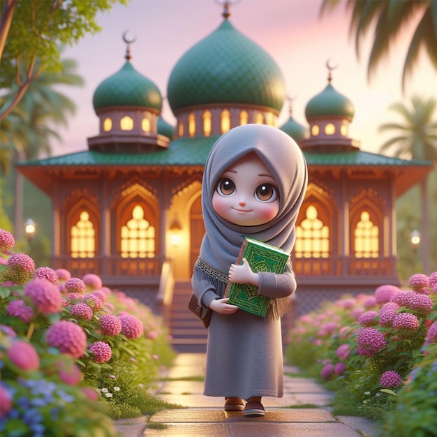 Caricature 3D réaliste d'une petite fille en hijab allant à la mosquée avec un livre