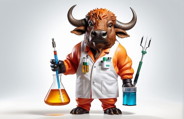 caricature anthropomorphique de buffle portant des vêtements de chimie avec des outils chimiques