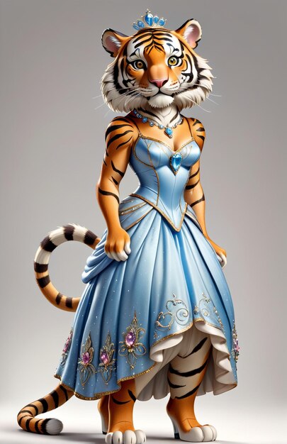 Une caricature anthropomorphique d'un tigre portant des vêtements de Cinderella, debout, vue sur tout le corps.