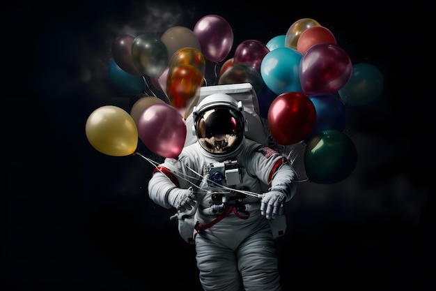 Caricature d'astronaute flottant avec la planète ballon dans le réseau de neurones de fond de l'espace ai généré