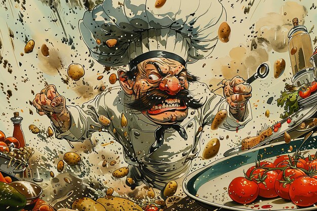 Caricature Cartoon Culinary Catastrophe Une scène de cuisine frénétique se déroule remplie d'un chaos exagéré Un chef corpulent jette des ingrédients dans toutes les directions