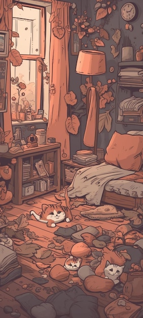 Une caricature d'un chat dans une chambre avec un lit et une étagère avec des feuilles.