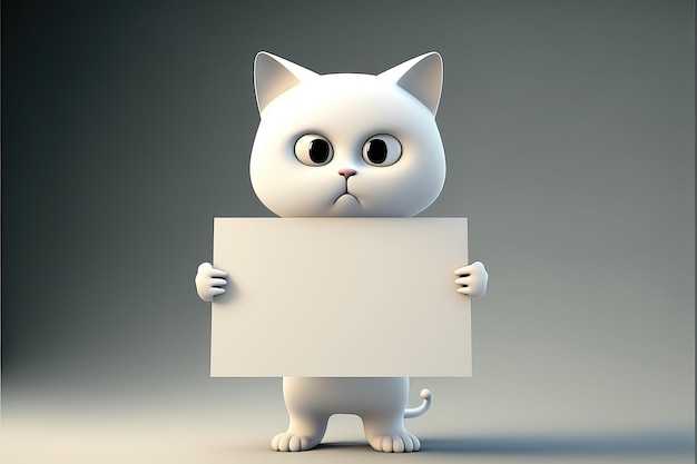 Caricature de chat mignon 3D tenant une pancarte blanche Fond animal 3D Convient aux bannières signes logos ventes