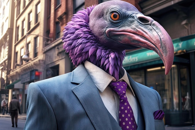 Caricature colorée d'un vautour vêtu d'un costume violet et d'une allégorie de cravate à un homme d'affaires Generative AI