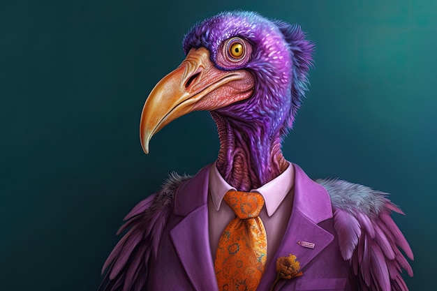 Caricature colorée d'un vautour vêtu d'un costume violet et d'une allégorie de cravate à un homme d'affaires Generative AI