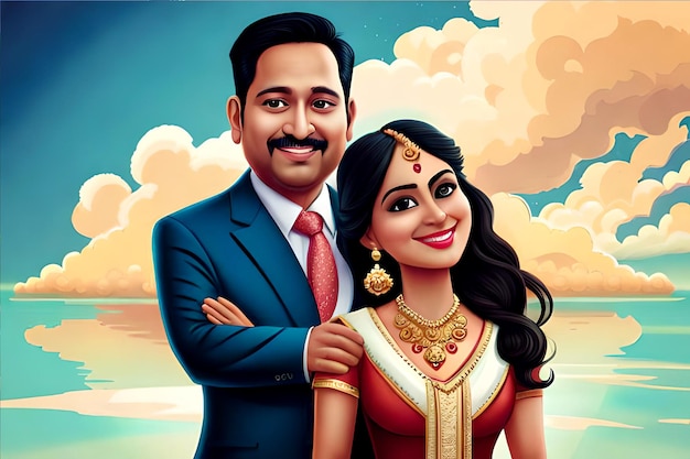 Caricature de couple de mariage indien