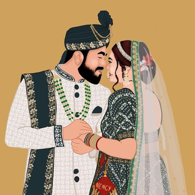 Caricature d'un couple de mariés indiens