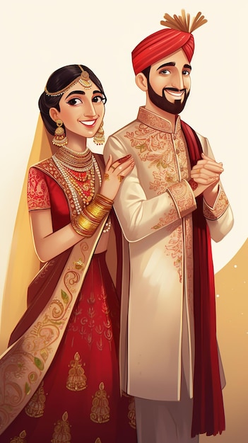 Une caricature d'un couple en robe de mariée