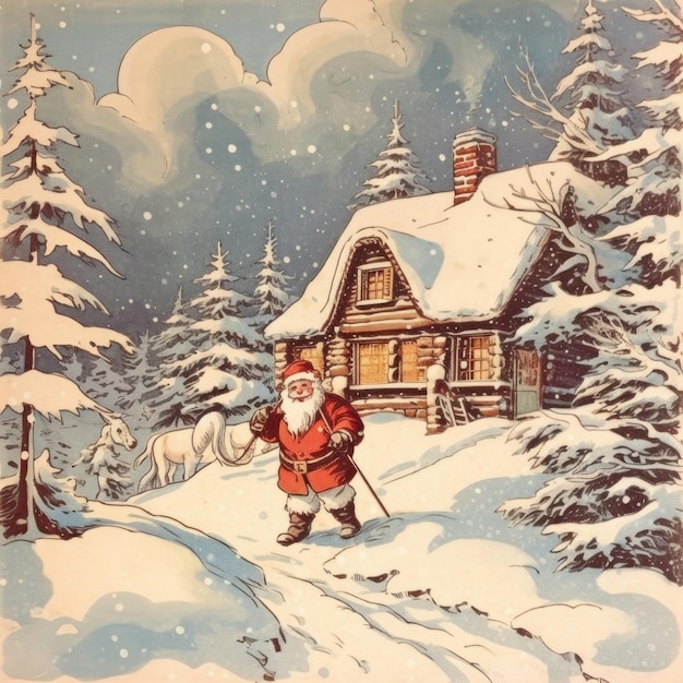 une caricature du Père Noël avec un bonhomme de neige sur le devant.