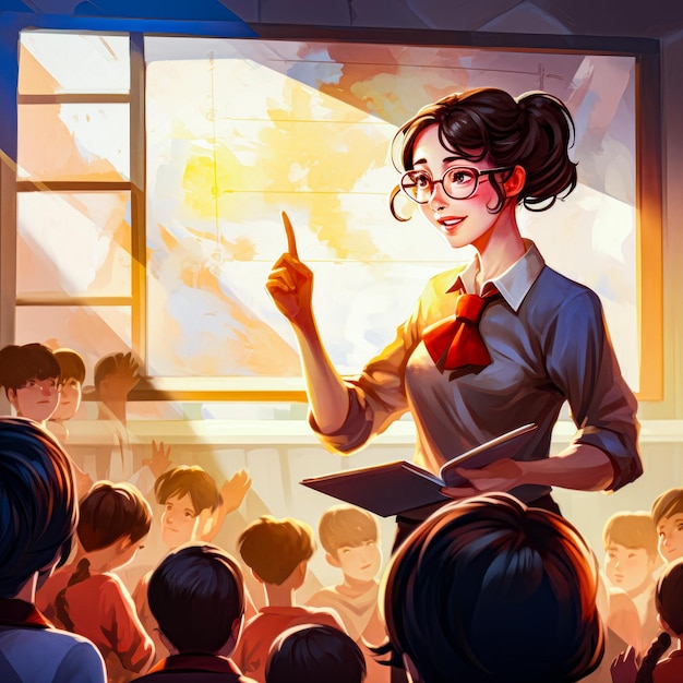 une caricature d'une enseignante enseignant la journée mondiale des enseignants