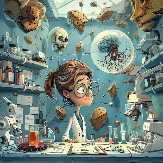 Une caricature d'une femme dans un laboratoire avec un microscope