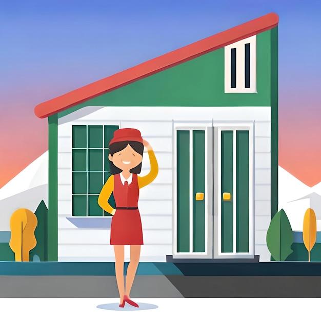 Une caricature d'une femme à l'extérieur d'une maison avec la lettre dessus